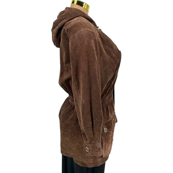 VTG Chocolate Brown Suede Jacket Hooded Leather Parka Oversized Sz S BB Dakota - Picture 9 of 14